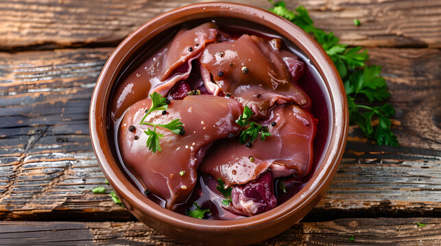 Raw chicken giblets liver, meat background.
