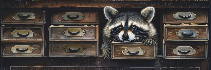 A raccoon curiously peeks out from an open drawer, its black mask contrasting against the wooden furniture - obrazy, fototapety, plakaty