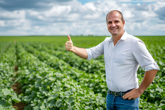  Farmer examining greenhouse. Eco friendly and agro sustainability. Thumbs up.