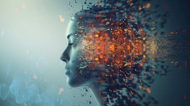 Superimposition effect, woman's head with glowing light coming from her face, idea creativity concept eyes closed beauty