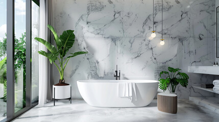 Modern luxury bathroom white marble walls bathtub 
