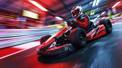 A kart speeds through the finish line, enhanced by dynamic effects and the racer's helmet