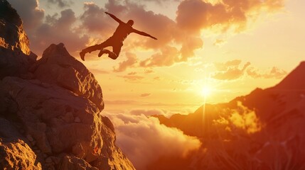 A man leaps across a chasm between two mountain peaks at sunset, embodying freedom and the thrill of risk and success