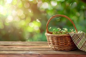 Enchanting springtime picnic setup with empty wicker basket on a rustic wooden table - obrazy, fototapety, plakaty