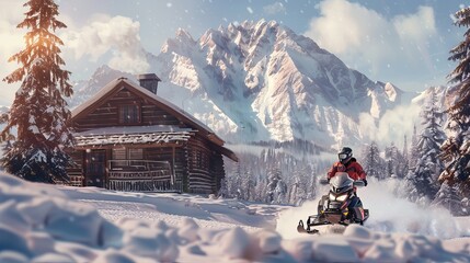 A self-assured individual rides a snowmobile with an aged cabin in the background - obrazy, fototapety, plakaty