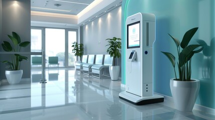 An interactive kiosk standing upright in the corner of a hospital waiting room, its sleek design and digital interface providing positive customer experience. Generative AI.