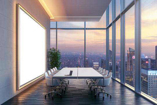 Modern conference room interior with blank screen on the wall and city view. Mockup