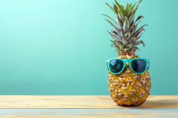 Sunglass-adorned pineapple chills on a wooden table against a minty backdrop