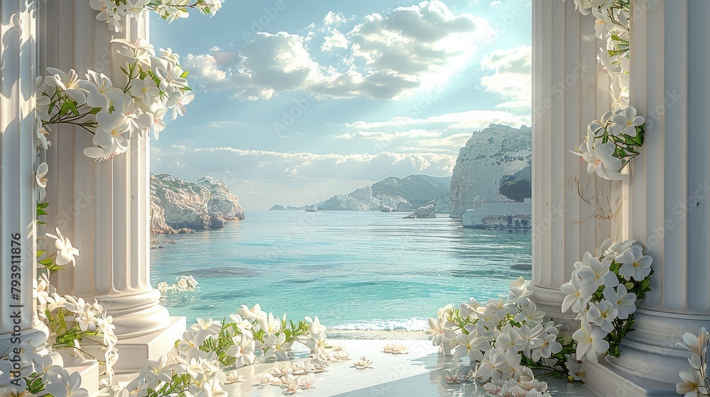Poster 3d rendering of white jasmine flower in a roman temple on the beach, simplicity. generative ai.