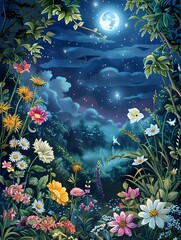 Obraz na płótnie Canvas Enchanted Garden of Moonlight and Blossoms