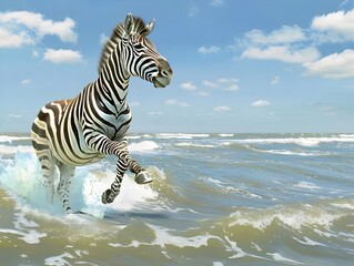 Fototapeta na wymiar Zebra Frolicking in the Vast,Crashing Waves of the Open Ocean