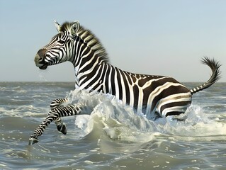 Fototapeta na wymiar Zebra Leaping through Crashing Waves in Open Ocean Seascape
