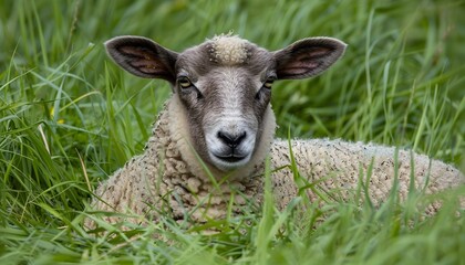 Obraz premium Curious Sheep Discovering Solace in Serene Meadow Landscape