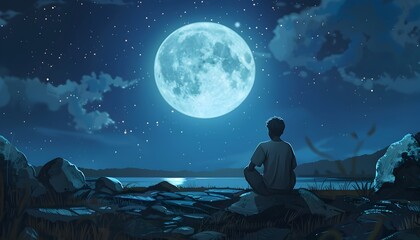 Tranquil Contemplation Under the Moonlit Skies - Adult's Quiet Moment in Nature's Serene Embrace - obrazy, fototapety, plakaty