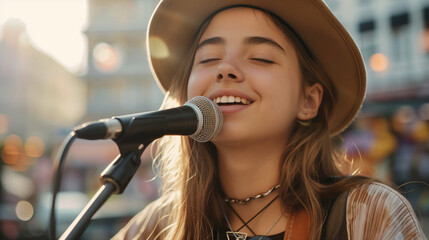 Young woman singing into microphone, wearing a hat, eyes closed.