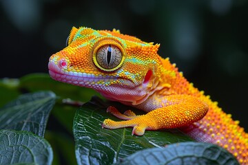 Fototapeta premium Crested Gecko: Climbing on a leafy branch with vibrant colors, ideal for reptile lovers.