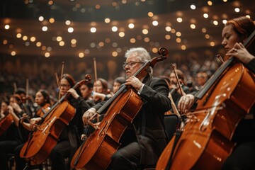 A seasoned cellist immersed in performance, contributing to the rich symphony in a classical concert hall