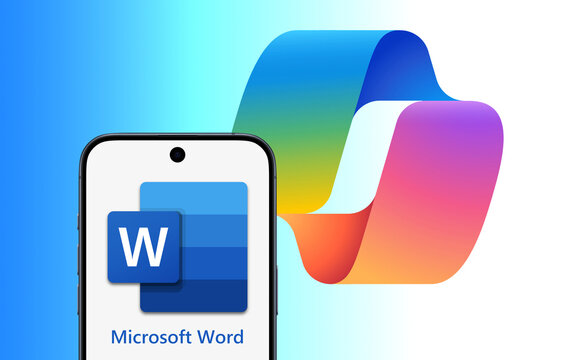 Microsoft Word Logo is displayed on a modern smartphone, big Copilot logo behind it, word processor with artificial intelligence integration, editing, spell checker, thesaurus, dictionary, templates