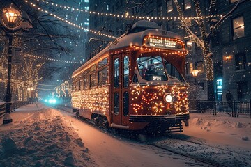 a tram decorated with Christmas lights drives through the snowy streets of the big city on Christmas Eve
