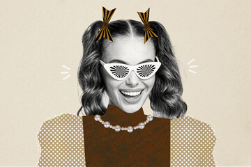 Composite photo collage of happy stylish pretty girl ponytail bow wear stylish shirt beads...