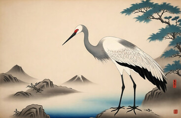 Obraz premium Vintage traditional Japanese painting, Crane – Tsuru . Painting on old paper background wallpaper created with generative ai