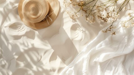 summer beach flat lay with white linen beach towel, straw hat, ivory sand, ivory colors, sunny