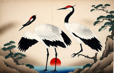 Naklejka premium Vintage traditional Japanese painting, Crane – Tsuru . Painting on old paper background wallpaper created with generative ai