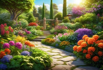 illustration, lush garden landscaping colorful green stone pathway, blooms, foliage, gardening, backyard, design, outdoor, arrangement
