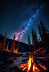 illustration, mesmerizing long exposure campfire beneath starry night sky, stars, flames, burning, wood, embers, glowing, dark, outdoors, nature