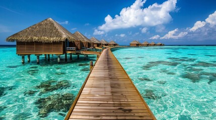  The essence of tropical luxury with Maldives overwater bungalows, where pristine turquoise waters meet serene beauty.  Generative AI. 