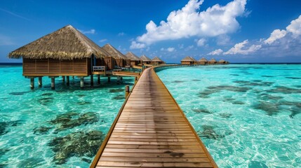  The essence of tropical luxury with Maldives overwater bungalows, where pristine turquoise waters meet serene beauty.  Generative AI. 