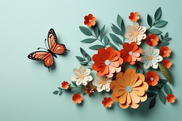 spring flowers and butterfly paper art illustration