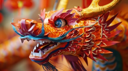 Closeup of a gold dragon statue with red and green details and white sharp teeth at a temple with gold details