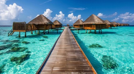 Overwater bungalows in the Maldives, a tropical paradise, boast stunning views of pristine turquoise waters, epitomizing luxury. Generative AI.
