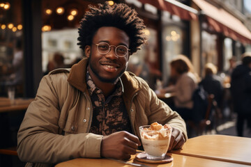 African man in casual clothes eats ice cream while sitting in a coffee shop