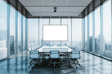 Modern conference room interior with blank screen on the wall and city view. Mockup