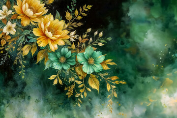 Eleganza Floreale- Fiori in Stile Acquerello con Elementi Botanici Luminosi Verde-Oro