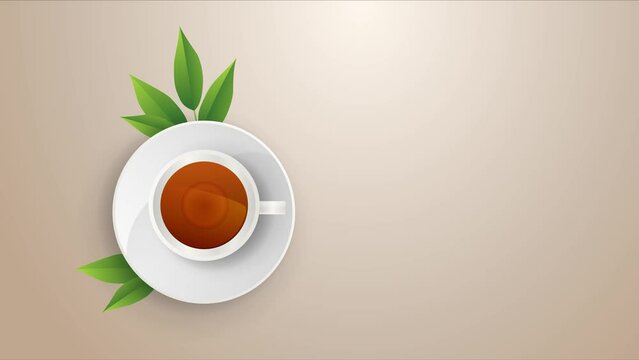3d Realistic Tea Day Animation with leafs, on a brown gradient background