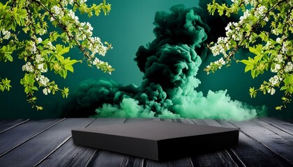 ai generative of a cube-shaped stage, with thick green smoke behind it, and flowers