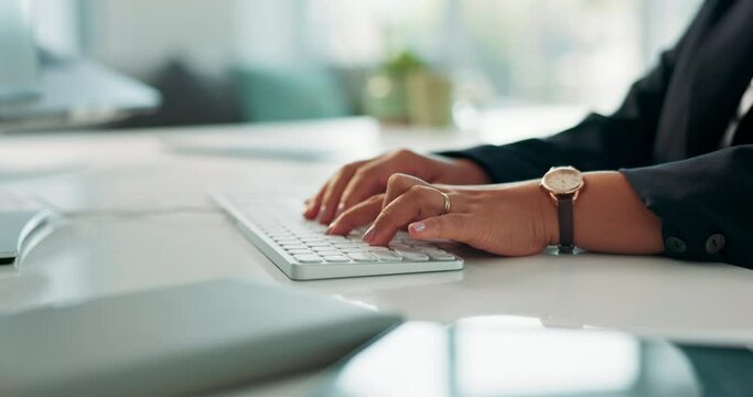 Person, hands and typing with keyboard for email, communication or feedback on computer at office. Closeup of employee, journalist or writer working on PC for update, review or report at workplace