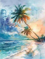 Watercolor, summer island with palm tree, sea backdrop against the sun, bright pastels, serene