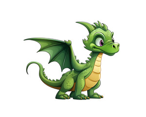 Playful cartoon dragon with green scales and a mischievous grin, sitting on the ground. Generative AI