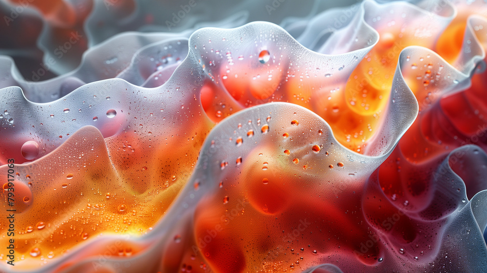Poster a 3d abstract render depicting waves of cellular patterns in warm hues, with a focus on the intricat