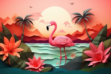 pink flamingo on tropical background paper art illustration