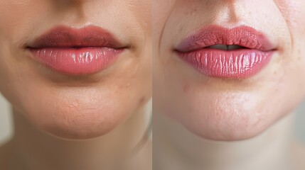 Naklejka premium A close-up of a woman's lips before and after lip reduction surgery, showing the transformation from overly large to a more balanced appearance.