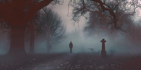 ghostly figure walking through foggy landscape, ai generated. - obrazy, fototapety, plakaty