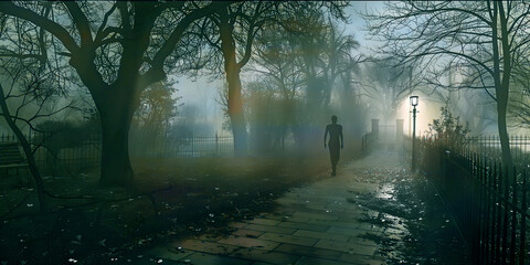 ghostly figure walking through foggy landscape, ai generated. - obrazy, fototapety, plakaty