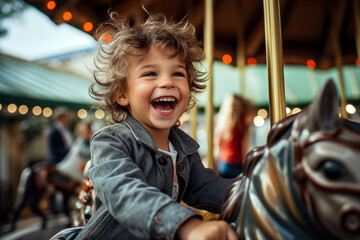 Portrait of a happy little child have fun, play and ride a merry-go-round.