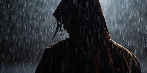 In the dark of night, a young man walks through the rain-soaked streets, his silhouette barely visible against the wet pavement.