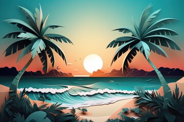 beautiful tropical beach paper art illustration